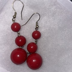 Vintage 70s Red Beaded Dangle Drop Pierced Hook Earrings