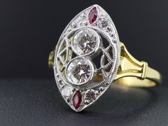 WONDERFUL ART DECO INSPIRED LAB CREATED DIAMOND & RUBY 14 CARAT GOLD FINISH RING