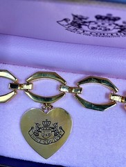 RARE Vintage Juicy Couture Large Link Crystal Crown Heart Charm Bracelet W/ Box