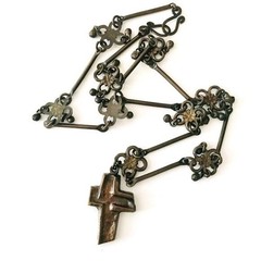 Vintage Japanned Cross Necklace 23″ Stylized Shape Coppery Colored Metal Estate