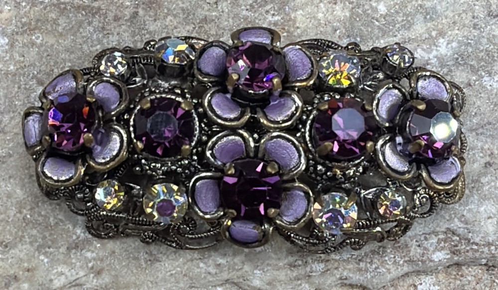 vintage purple rhinestone enamel bar brooch silver tone AB 2″