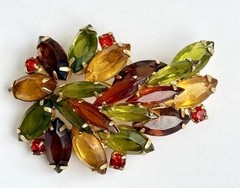 VTG Juliana Multicolor Autumn Marquise Rhinestone Leaf Brooch & Clip-On Earrings