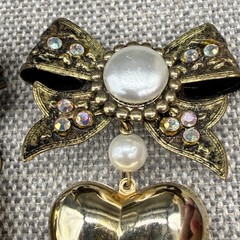 Vintage Earrings Large Gold Tone Bows Puffy Hearts AB Rhinestones 2.5 Inches