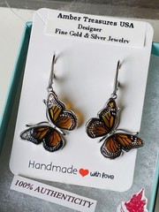 Amber Butterfly Genuine Baltic Earrings Vintage Butterscotch Sterling Silver