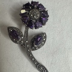 Vintage CZ Amethyst Marcasite 925 Sterling Silver Flower Brooch Pin 1.75 In 8.2g