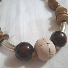 Vintage Chunky Mix Wood Necklace Clay Art Pendant Handmade Silver Tone Round