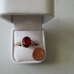Vintage Cocktail Ring Red Center Stone & White Rhinestones Size 7.5 in Ring Box