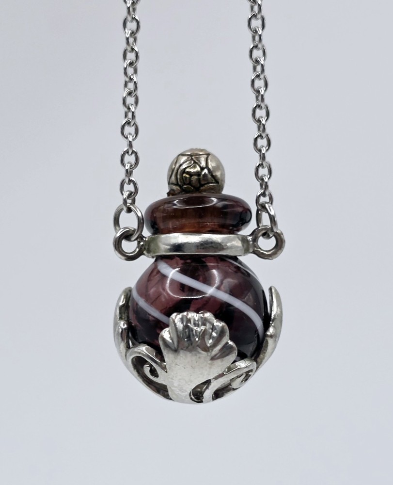 Vintage Artisan Art Glass Perfume Bottle Pendant Necklace Silver Tone Scent Vial