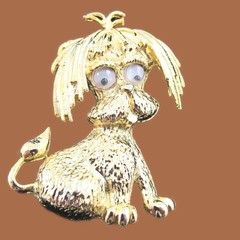 Crazy Eyes Shaggy Dog Textured Gold Tone Figural Brooch Signed