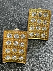 Vintage 1.1” Crystal Rhinestone Gold Tone Metal Rectangle Clip Earrings