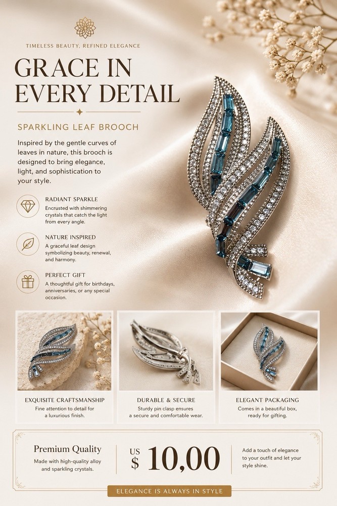 Elegant Blue Crystal Leaf Brooch Vintage Rhinestone Pin for Women