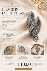 Elegant Blue Crystal Leaf Brooch Vintage Rhinestone Pin for Women