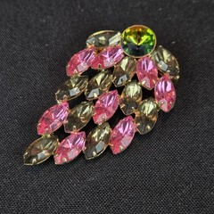 Pink, Smoky Gray, Aurora Borealis Rhinestones Unsigned Pin Brooch