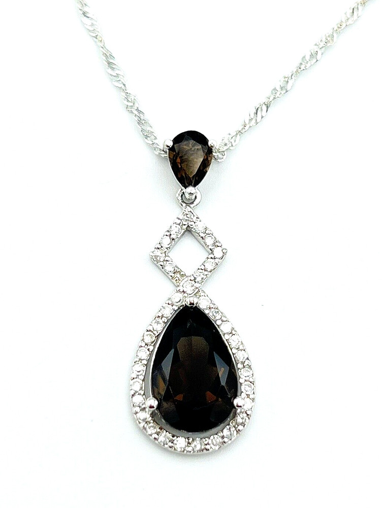 Sterling Silver 925 FAS Brown Spinel Pear Shaped Halo Pendant Necklace