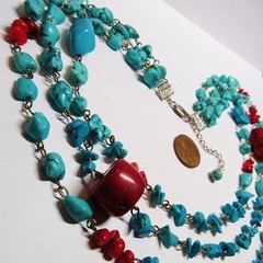 Blue Turquoise Red Coral Nugget 3 Strand Adjustable Length Western Necklace