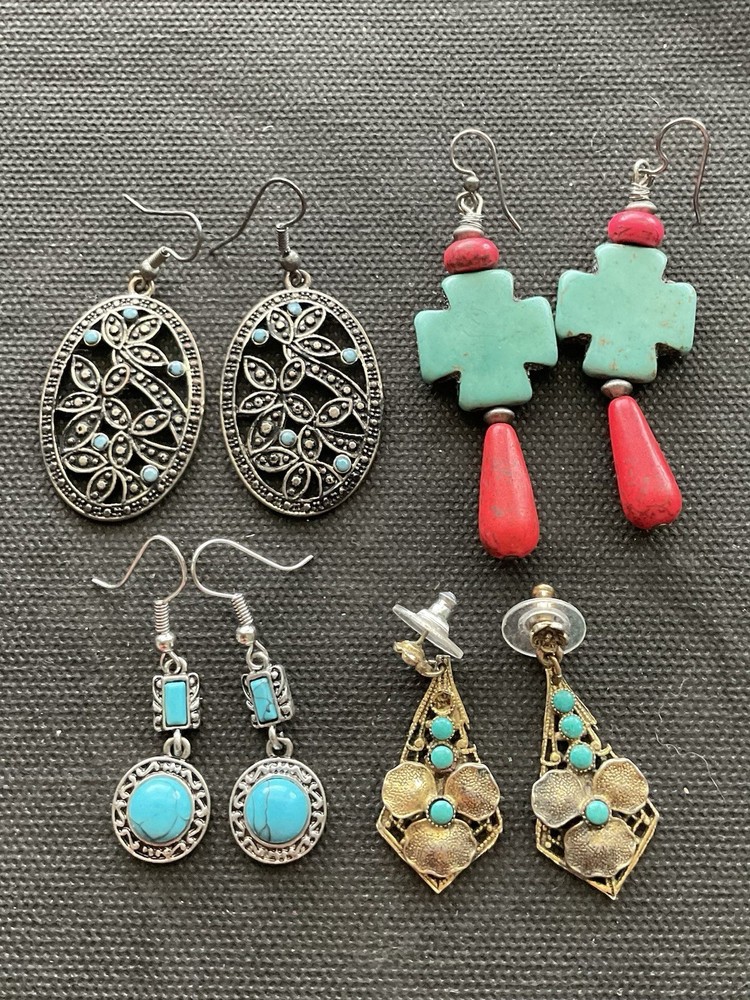 Lot Of 4 Pairs Southwestern-style Vintage Dangle Pierced Earrings Estate Jewelry