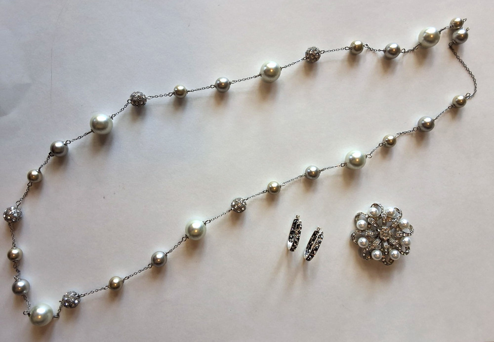 Heavy Faux Pearl Rhinestone Disco Ball Necklace, JCM Brass Earrings, Brooch