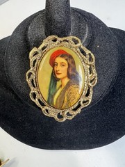 Vintage Unique Cameo Painting of Lady In Red Beret Style Hat Brooch Pin Pendant