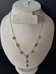 VTG 1928 Jewelry Co. Y-Necklace Olivinee Green Cabochon Rhinestone Flower Lariat