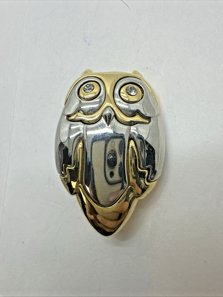 VTG Liz Claiborne Silver and Gold Tone Owl Brooch with Crystal Rhinestone Eyes