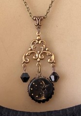 Vintage Art Nouveau Necklace Black Moon Cabochon Chandelier Pendant Czech Glass