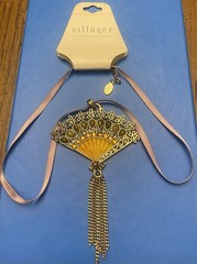 NWT Vintage Inspired VILLAGER 15” Open Fan Pendant Necklace Lavender Ribbon