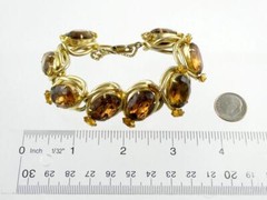 Vintage Costume Goldtone Metal Brown and Yellow Rhinestone Bracelet Unsigned