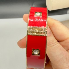 Vintage Clamper Bracelet Red Enamel Inset Rhinestones Gold Tone signed