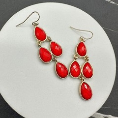 Gold-Tone Faceted Red Glass Stone Teardrop Dangle Drop Chandelier Earrings Retro