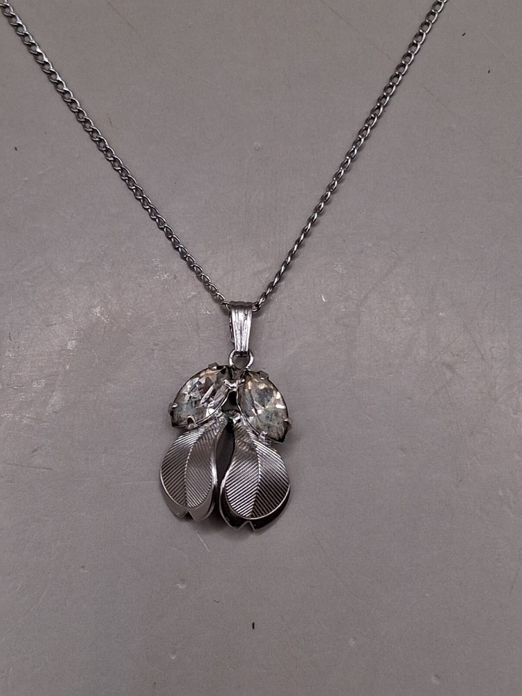 Vtg 12k White Gold Filled Crystal Pendant Chain Link Necklace 17.7″