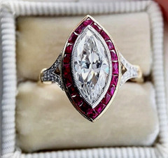 Art Deco Style Marquise Lab Created Diamond Ruby Wedding Ring 14K Yellow Gold FN