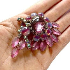 Verified Juliana D&E Brooch Pin Pink Stripe Givre Glass Rhinestone Floral 1960s