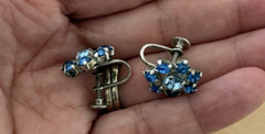 Vintage Blue Rhinestone Twist Clip On Earrings Pair Fast Shipping