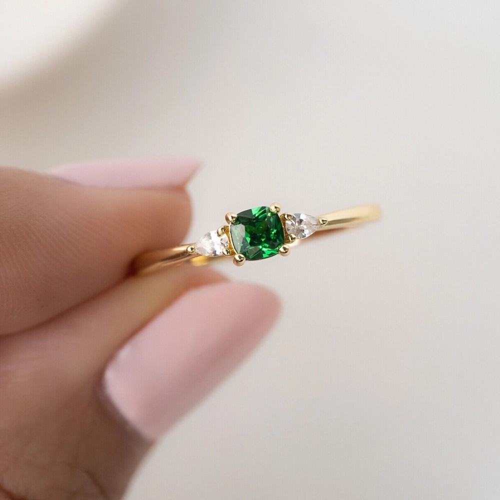 2Ct Green Emerald Cut Lab Created Engagement Diamond 14K Yellow Gold Finish Ring