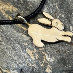 Vintage 1996 Phister Enamel Rabbit Necklace Pendant Rhinestone Eyes. J-1