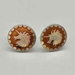 Vintage Unicorn Cufflinks Tie Bar Set Brown Enamel Silver Tone Fantasy Men’s