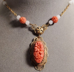 VTG ART DECO Coral Molded Glass Floral Necklace 1930s Glass & Brass 18″ Necklace