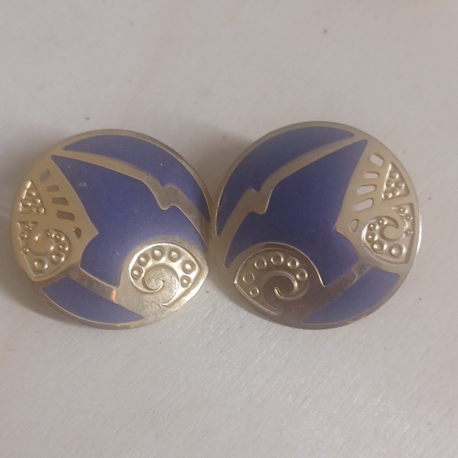 Vintage Purple Enamel Gold Tone Statement Earrings Art Deco Style Retro 1980s