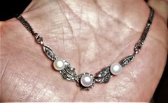 Vintage Sterlling Silver Marcasite Pearl Stationed Necklace 17″ Double Chain