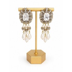Vintage Style Rhinestone & Faux Pearl Chandelier Earrings Gold Tone
