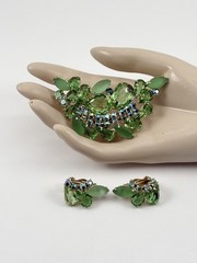 Vintage Brooch & Earrings Set W/ Green & AB Stones