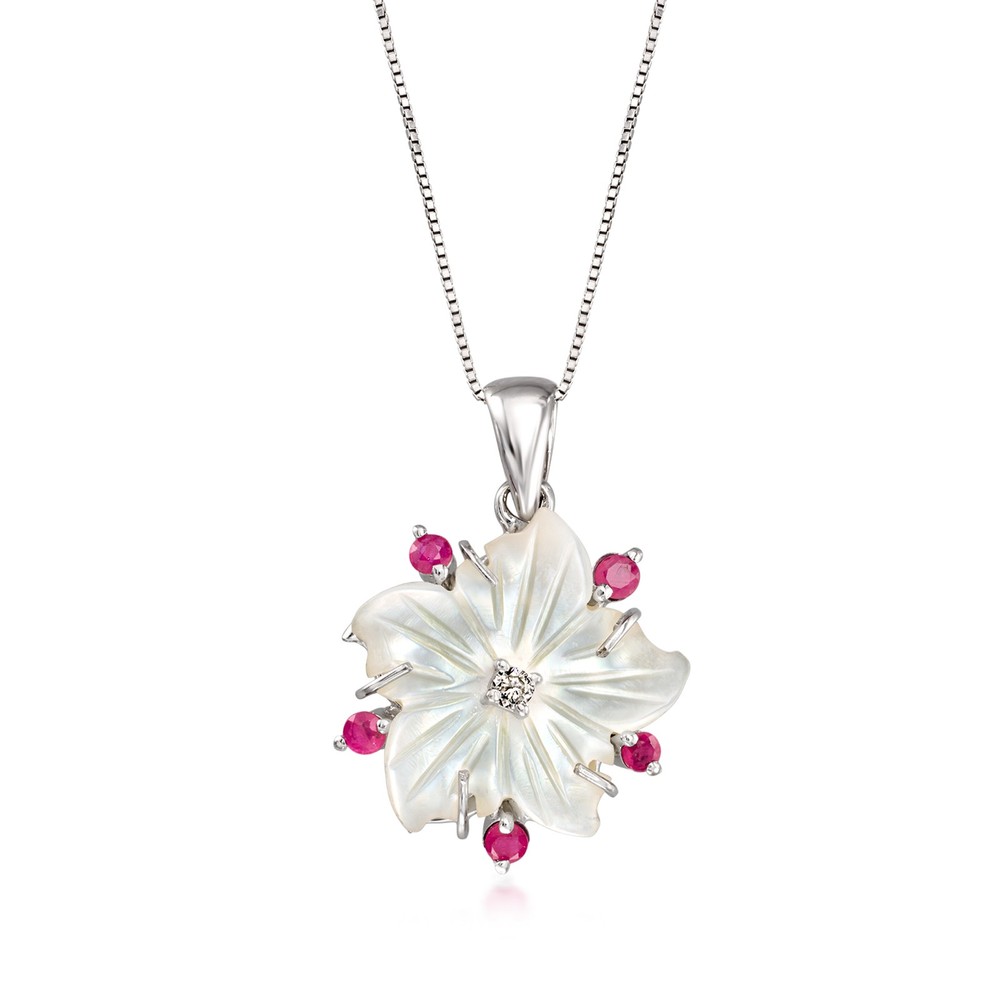 Vint Mop & Ruby Ncklc w Single Diamond in 14k White Gold 15.5 inches