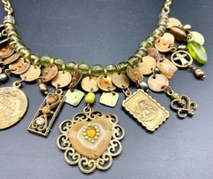 Vintage Dangle Cluster Charm Necklace w/ Olivine Glass Beads Coins Gold Tone