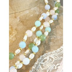 Vintage Faux Jade and Pearl Triple Strand Beaded Necklace