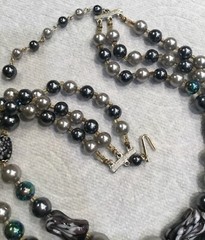 Vintage Three Strand Necklace Grey Dark Purple Silver Tone Made In Japan O87