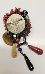Gaetano Fazio Very Rare Jade, Cornelian, Tiger Eye Bead Brooch/Clip-on Earrings