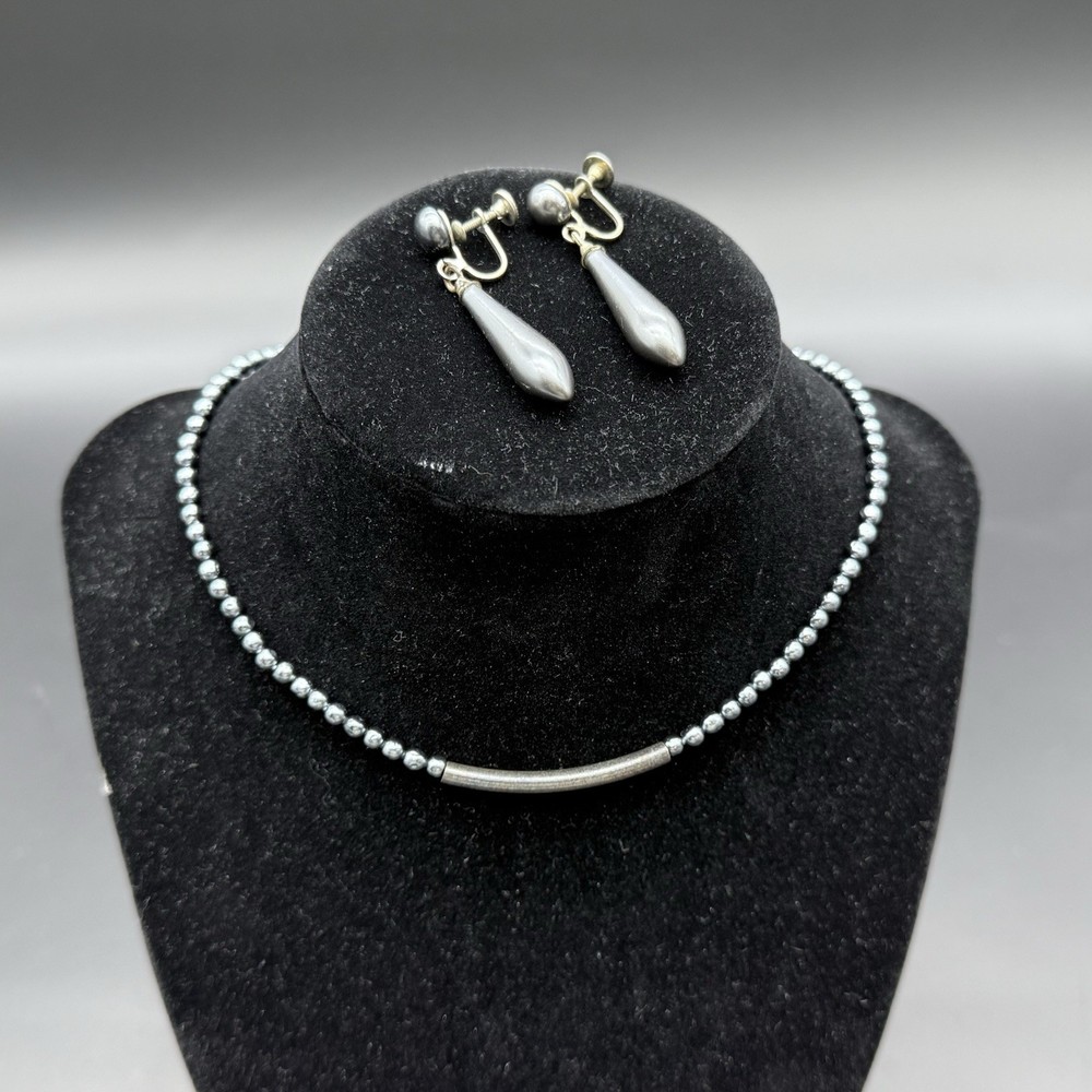 Vintage Gun Metal Gray Bead Bar Pendant Necklace & Dangle Earrings Set Brutalist