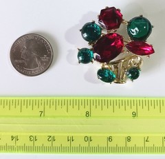Vtg Gold-tone Flower Basket Brooch w/ Green Translucent Cabs & Red Rhinestones