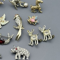 Vintage Tiny Animal Brooch Lot Of 17 Rhinestones Horses Whales Elephant Birds