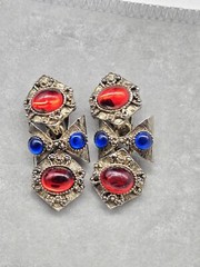 Vintage 1990s Earrings Gripoix Glass Cabachon Etruscan Style Dangle Repurpose